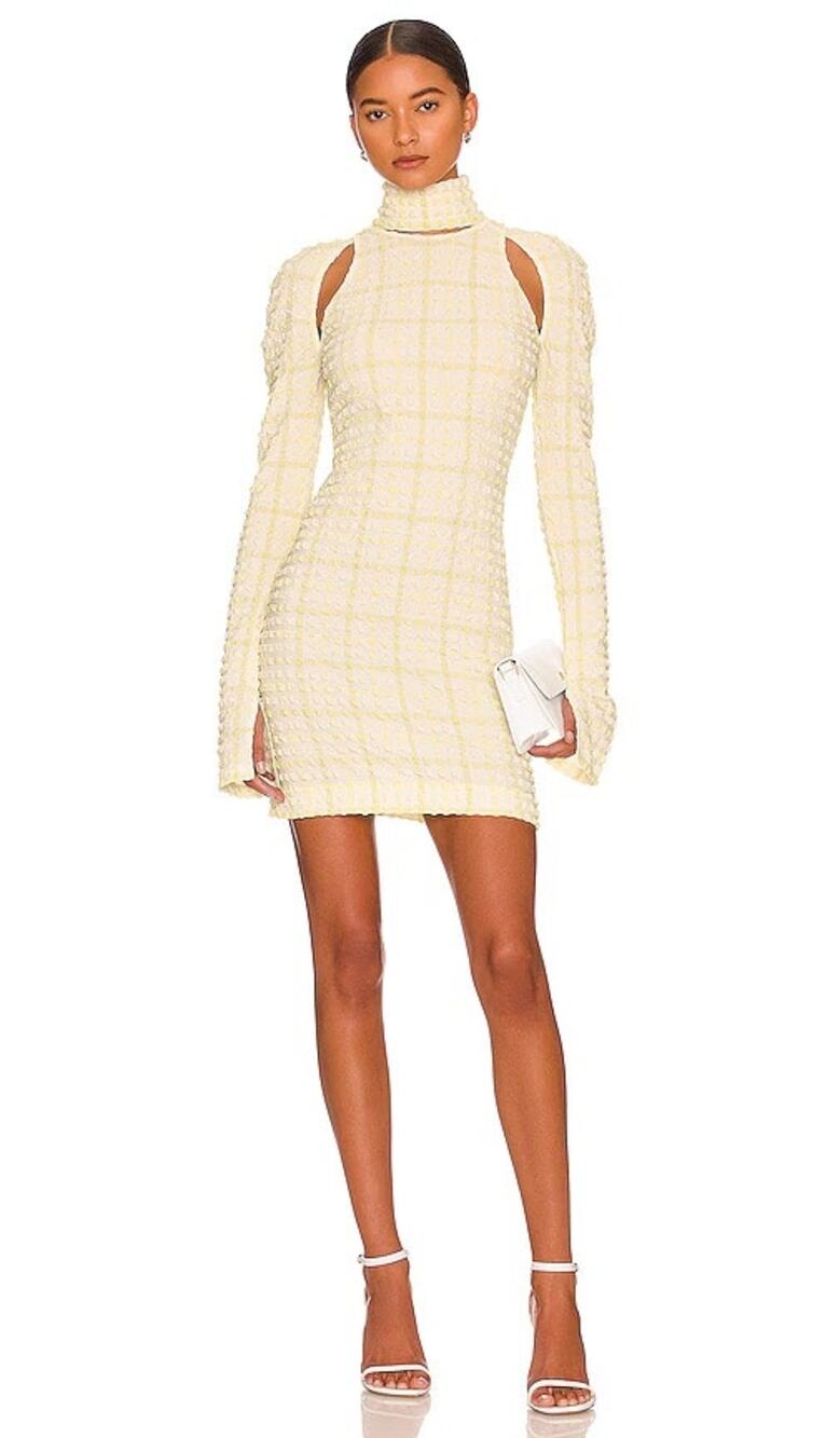 Nanushka Yellow White Gingham Cut Out Long Sleeve Kali Mini Dress Size XS